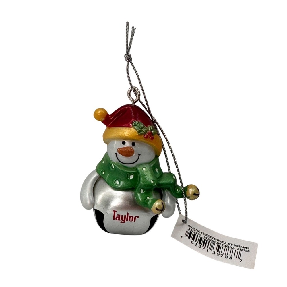 Ganz Taylor Jingle Bell Snowman Christmas Ornament‎ 3" Silver & Green Holiday